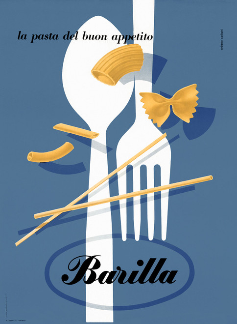 Barilla La Pasta Vintage Poster by Erberto Carboni 1935 Italian Pasta & Noodles Advertisement – High Quality Giclee Reproduction Fine Art Print. Featuring rigatoni, farfalle, penne, and spaghetti pasta shapes swirling above a white spoon and fork, set against a bold blue background.