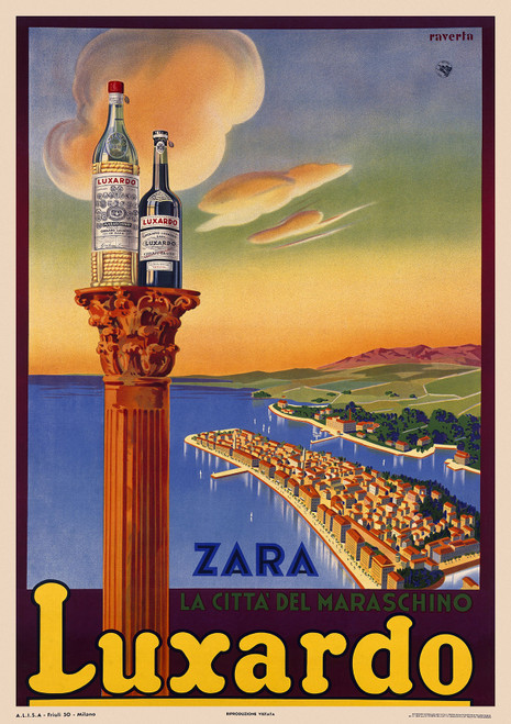 Luxardo Cherry Brandy Vintage Poster by Raverta 1939 Italian Wine & Spirits Advertisement – High Quality Giclee Reproduction Fine Art Print. Featuring two bottles of Luxardo liqueur displayed on a classical column overlooking a scenic coastal cityscape at sunset, with soft clouds in a pastel sky.