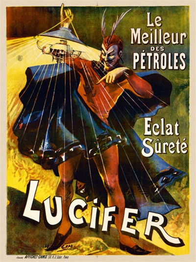 Lucifer Vintage Poster 1900 French Energy & Petroleum Advertisement – High Quality Giclee Reproduction Fine Art Print. Featuring a devilish character casting radiant beams from a hanging lamp, symbolizing the brilliance and safety of Lucifer petroleum, against a dramatic, fiery backdrop.