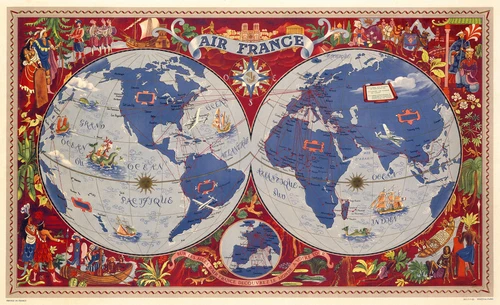 Air France Planisphere Vintage Poster by Boucher 1948 French Travel & Airline Advertisement – High Quality Giclee Reproduction Fine Art Print. Featuring a double hemisphere map adorned with vintage sailing ships, airplanes, and global routes, framed by intricate illustrations of cultural figures and exotic plants in a rich red border. Horizontal poster.