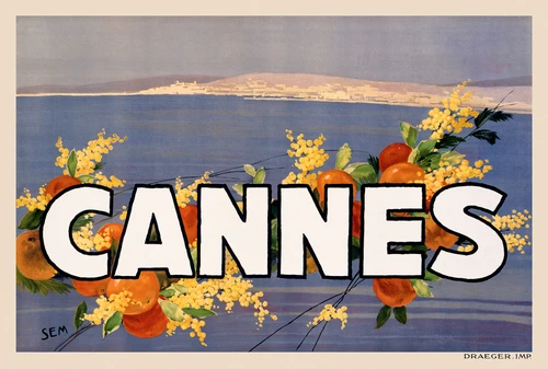 Cannes Vintage Poster by Sem 1930 French Travel Advertisement – High Quality Giclee Reproduction Fine Art Print. Featuring bold white lettering surrounded by vibrant oranges and yellow mimosa blossoms, set against a serene blue sea with the sunlit coast of Cannes in the distance. Horizontal poster.