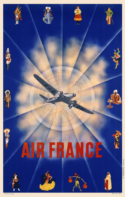 Air France Vintage Poster 1938 French Travel & Airline Advertisement – High Quality Giclee Reproduction Fine Art Print. Featuring a radiant airplane flying at the center of a sunburst sky surrounded by colorful figures in traditional costumes representing global cultures, all set against a bold blue background.