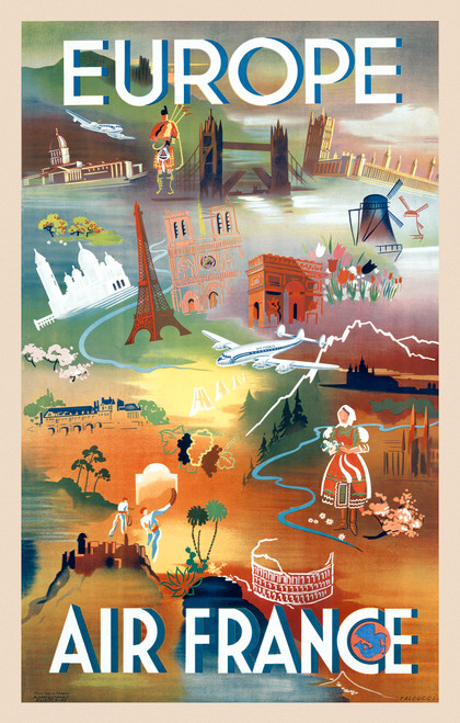 Air France Europe Vintage Poster by Robert Falcucci 1949 French Travel Advertisement – High Quality Giclee Reproduction Fine Art Print. Featuring a colorful collage of iconic European landmarks, including the Eiffel Tower, Big Ben, the Colosseum, and pastoral scenes, with an Air France airplane flying across the continent, set against a painterly gradient background blending earthy greens, warm oranges, and sky blues.