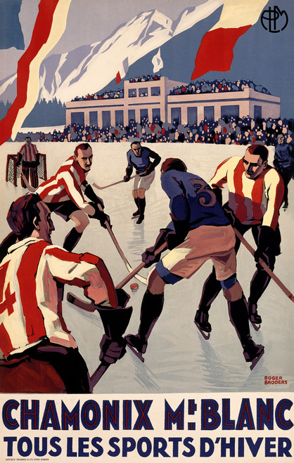 Chamonix Mont-Blanc Vintage Poster by Roger Broders 1930 French Sports and Travel Advertisement – High Quality Giclee Reproduction Fine Art Print. Featuring an intense ice hockey match played in front of a cheering crowd with bold red flags and snow-covered Alpine peaks towering in the background.