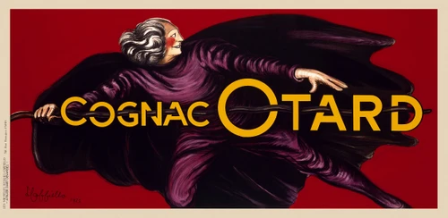 Cognac Otard Vintage Poster by Leonetto Cappiello 1925 French Wine & Spirits Advertisement – High Quality Giclee Reproduction Fine Art Print. A dynamic figure in a flowing purple robe dramatically grips a black cane forming the brand name, set against a bold red background. Horizontal poster.