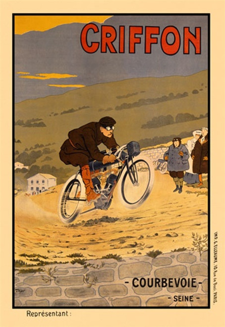 Griffon Vintage Poster by Thor 1910 French Motorcycle Advertisement – High Quality Giclee Reproduction Fine Art Print. Featuring a determined motorcyclist racing across a rugged dirt path, set against a scenic countryside backdrop with rolling hills, rustic buildings, and spectators in warm coats lining a stone wall.