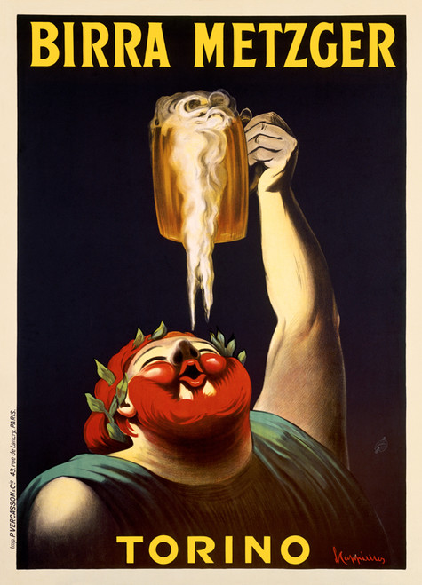Birra Metzger Torino Vintage Poster by Leonetto Cappiello 1911 French Beer Advertisement – High Quality Giclee Reproduction Fine Art Print. Featuring a jovial, red-bearded man with a laurel crown holding a frothy mug of beer high above his head as the foam cascades dramatically toward his open mouth, set against a deep black background.