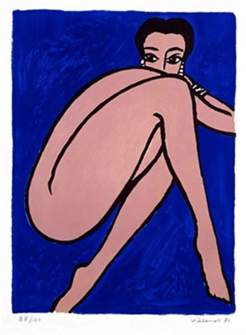 Vie Parisienne Vintage Poster by Bernard Villemot 1971 French Fashion Advertisement – High Quality Giclee Reproduction Fine Art Print. Featuring a stylized, minimalist nude female figure seated with arms resting on knees and face partially hidden, rendered in bold outlines against a deep blue background.
