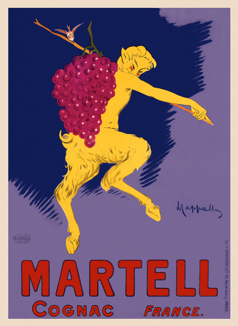 Cognac Martell Vintage Poster by Leonetto Cappiello 1905 French Wine & Spirits Advertisement – High Quality Giclee Reproduction Fine Art Print. Featuring a lively yellow satyr with a cluster of red grapes on his back, dancing across a deep purple backdrop with a flute in hand.