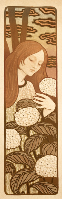 Woman with Flowers Vintage Poster by Paul Berthon 1900 French Beauty & Wellness Advertisement – High Quality Giclee Reproduction Fine Art Print. Featuring a serene young woman gently embracing blooming white hydrangeas, with stylized leaves and cloud forms in a warm toned Art Nouveau composition.