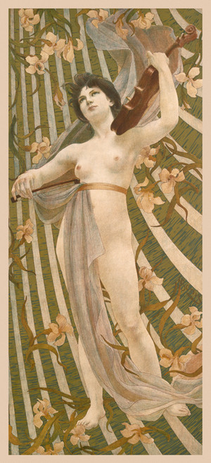 Woman with Violin Vintage Poster by Paul Berthon 1900 French Beauty & Wellness Advertisement – High Quality Giclee Reproduction Fine Art Print. Featuring a nude woman holding a violin and bow, partially draped in a sheer ribbon, with stylized floral and striped Art Nouveau background.