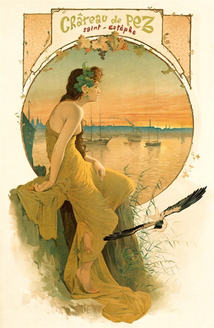 Chateau de Pez Vintage Poster 1905 French Wine Advertisement – High Quality Giclee Reproduction Fine Art Print. Featuring a romantic woman in a flowing golden gown adorned with grapevines, seated by a tranquil river at sunset, with tall ships and a bird in the background.
