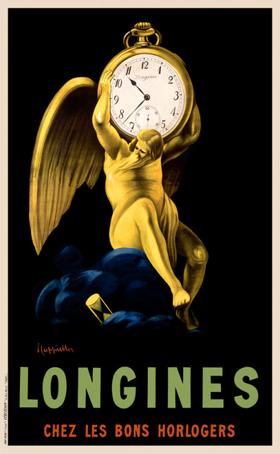 Longines Chez Les Bons Horlogers Vintage Poster by Leonetto Cappiello 1911 French Watch Advertisement – High Quality Giclee Reproduction Fine Art Print. Featuring a dramatic golden-winged figure (Father Time) hoisting a large pocket watch aloft, set against a deep black background with hints of blue clouds and an hourglass below.