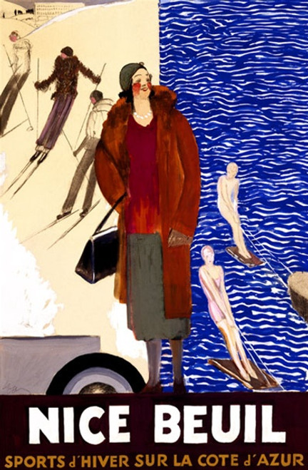 Nice Beuil Vintage Poster by Leonetto Cappiello 1928 French Travel Advertisement – High Quality Giclee Reproduction Fine Art Print. Featuring a fashionable woman in a fur coat standing between scenes of alpine skiing and water skiing, with a vivid contrast of snowy slopes and a deep blue sea background.