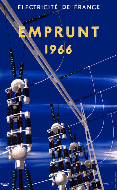 Emprunt Vintage Poster by Bernard Villemot 1966 French Energy & Electricity Advertisement – High Quality Giclee Reproduction Fine Art Print. Featuring a striking composition of industrial insulators and power lines stretching across a vivid cobalt blue sky, with looping white cables creating a sense of motion and modernity.
