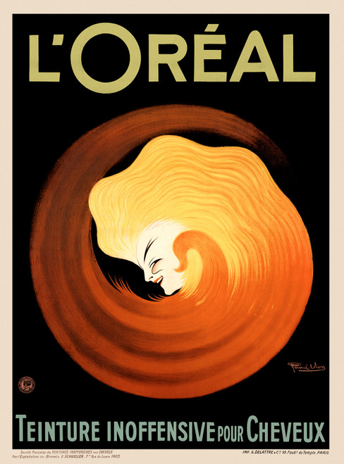 L'Oreal Teinture Cheveux Vintage Poster by Raoul Vion 1920 French Beauty & Cosmetics Advertisement – High Quality Giclee Reproduction Fine Art Print. Featuring a stylized female face enveloped in a swirling wave of radiant golden-orange hair, creating a dynamic and elegant visual centered against a bold black background.