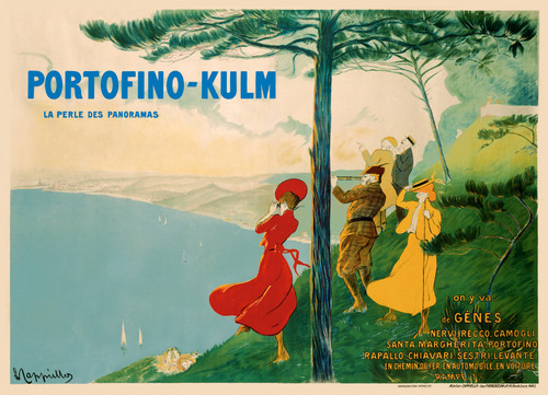Portofino Kulm Vintage Poster by Leonetto Cappiello 1906 French Travel Advertisement – High Quality Giclee Reproduction Fine Art Print. Featuring elegantly dressed travelers admiring the sweeping coastal view through binoculars, with lush pine trees, a hilly shoreline, and sailboats drifting across the turquoise sea. Horizontal poster.