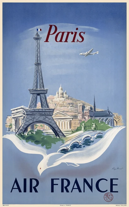 Air France Paris Vintage Poster by Manset 1948 French Travel & Airplane Advertisement – High Quality Giclee Reproduction Fine Art Print. Featuring the Eiffel Tower in the foreground, with iconic Parisian landmarks including the Arc de Triomphe, Sacre-Coeur, and Notre-Dame in the background, a flying dove below and an airplane soaring in a soft blue sky.
