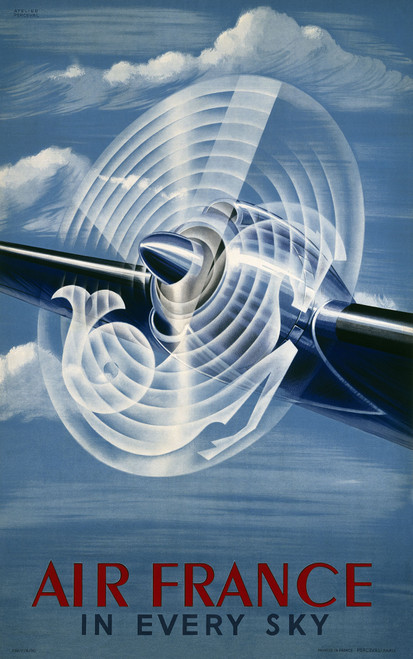 Air France In Every Sky Vintage Poster by Perceval 1950 French Travel & Airplane Advertisement – High Quality Giclee Reproduction Fine Art Print. Featuring a sleek airplane propeller mid spin, with concentric motion lines radiating outward, set against a sky blue background with softly brushed clouds.