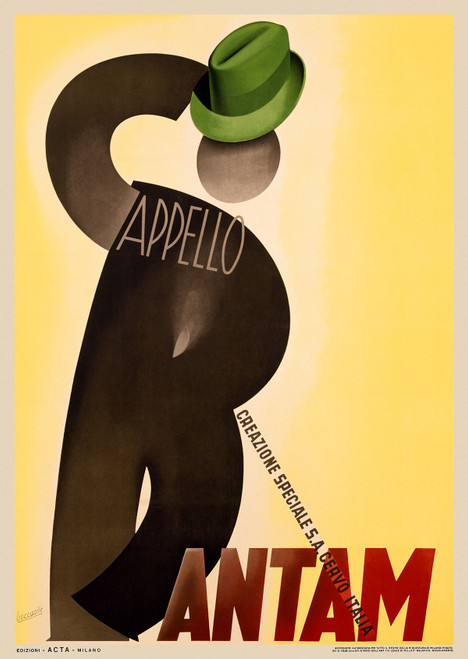 Cappello Bantam Vintage Poster by Bocasille 1938 Italian Hats & Fashion Advertisement – High Quality Giclee Reproduction Fine Art Print. Featuring a stylized silhouette composed of the letters C and B forming a figure tipping a green hat with sleek curved lines set against a soft yellow gradient background.