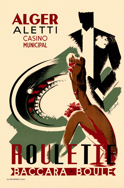Alger Aletti Casino Roulette Vintage Poster 1938 French Casino & Gambling Advertisement – High Quality Giclee Reproduction Fine Art Print. Featuring a glamorous woman in red gazing at a roulette wheel with a sharply dressed man in a tuxedo in the background.