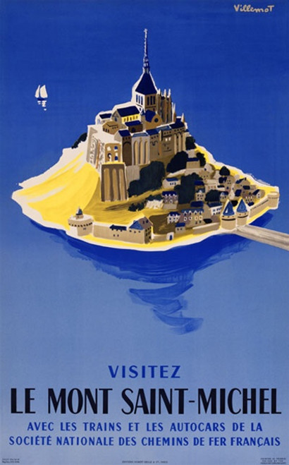 Le Mont Saint-Michel Vintage Poster by Bernard Villemot 1954 French Travel Advertisement – High Quality Giclee Reproduction Fine Art Print. Featuring a stylized aerial view of the iconic Mont Saint-Michel abbey and village surrounded by vivid blue sea with a distant sailboat in the background.