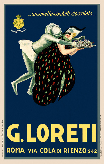 G. Loreti Caramelle Cioccolato Vintage Poster by Achille Luciano Mauzan 1926 Italy Candies & Chocolate Advertisement – High Quality Giclee Reproduction Fine Art Print. Featuring a masked trickster in white playfully sneaking up behind a glamorous woman holding a large tray of colorful candy, set against a deep navy blue background.