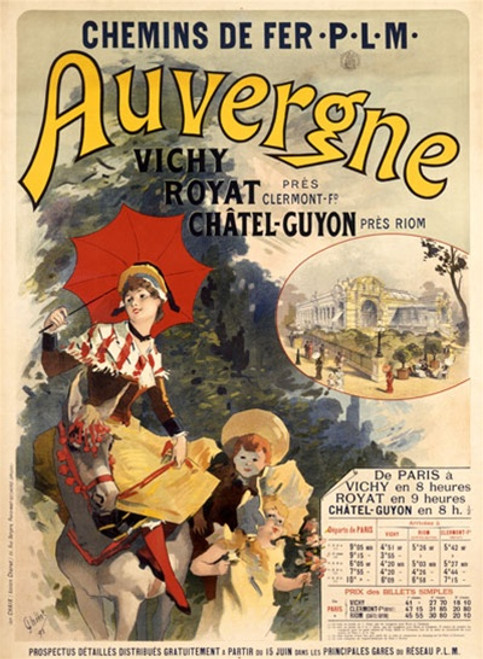 Auvergne Vintage Poster by Jules Cheret 1896 French Travel Advertisement – High Quality Giclee Reproduction Fine Art Print. Featuring a woman holding a red parasol while riding a donkey, accompanied by children in period dress, with a lush forest and a small vignette of the Vichy spa building in the background.