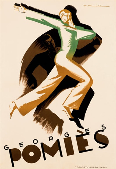 Georges Pomies Vintage Poster 1928 French Music & Theater Advertisement – High Quality Giclee Reproduction Fine Art Print. Featuring a dynamic male figure in motion with arms outstretched and dressed in a two-tone suit, his silhouette mirrored in deep shadow behind him, set against a smooth cream colored background.