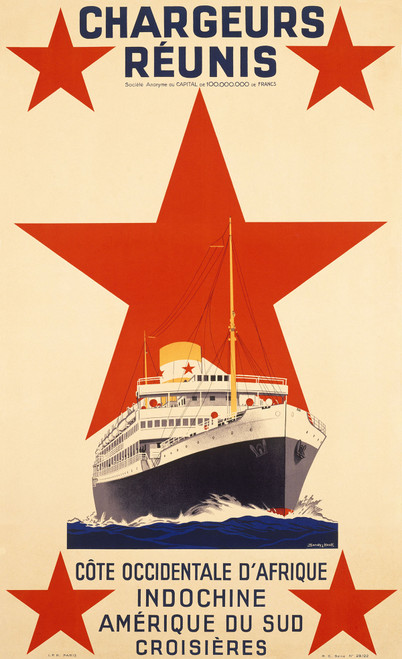 Chargeurs Reunis Poster by Sandy Hook 1937 French Travel & Boat Line Advertisement – High Quality Giclee Reproduction Fine Art Print. Featuring a bold ocean liner sailing forward, framed by striking red stars and stylized typography, with a cream and red graphic background.
