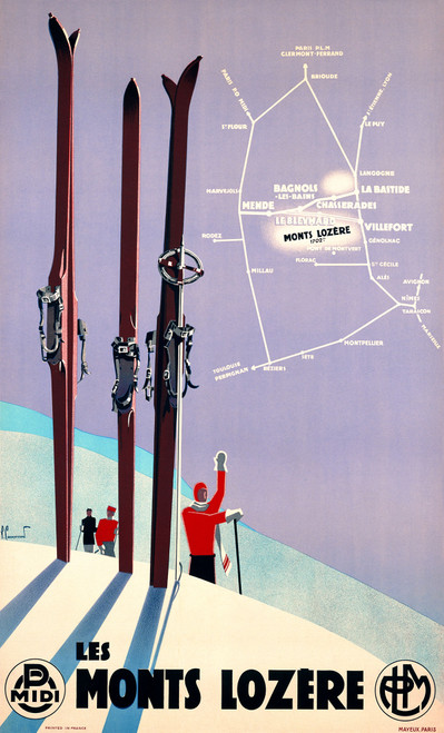 Les Monts Lozere Vintage Poster by Pierre Commarmond 1930 French Ski & Travel Advertisement – High Quality Giclee Reproduction Fine Art Print. Featuring skiers in vibrant red winter gear beneath towering skis, with a regional trail map and snowy alpine slopes in the background.