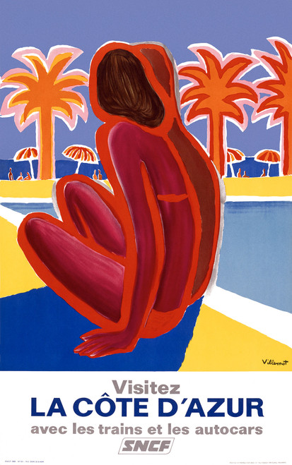 La Cote d'Azur Vintage Poster by Bernard Villemot 1968 French Travel by Train or Car Ad - High Quality Giclee Reproduction Fine Art Print. Featuring a red figure of a woman sitting on a beach with vibrant palm trees and parasols in the background, set against a bold, colorful design.