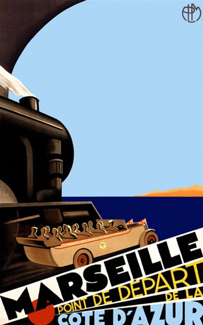 Marseille Vintage Poster by Roger Broders 1925 French Travel Advertisement – High Quality Giclee Reproduction Fine Art Print. Featuring a stylized steam train and a boat of passengers near the coastline, with the clear blue sky and the sea stretching into the distance.
