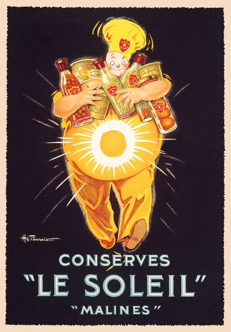 Conserves Le Soleil Vintage Poster by Fournier 1928 French Jars & Canned Food Advertisement – High Quality Giclee Reproduction Fine Art Print. Featuring a smiling chef in yellow holding jars of "Le Soleil" conserves, surrounded by rays of light symbolizing the sun, set against a dark black background.