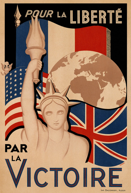 La Victoire Vintage Poster 1940 American World War II Propaganda Advertisement – High Quality Giclee Reproduction Fine Art Print. Featuring the Statue of Liberty holding a torch with a globe behind her, surrounded by the flags of the United States, the United Kingdom, and France, set against a beige background.