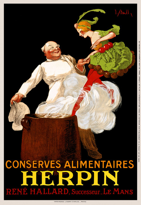 Conserves Herpin Vintage Poster by Joseph Stall 1925, French Canned Food Advertisement – High Quality Giclee Reproduction Fine Art Print. Featuring a cheerful chef lifting a cloth above a pot, with a woman in a colorful, fruit-inspired costume, playfully engaging with him, set against a  black background.