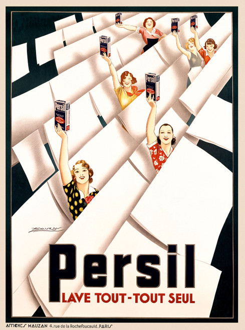 Persil Lave Tout - Tout Seul Vintage Poster by Achille Luciano Mauzan 1930 French Laundry Detergent Advertisement – High Quality Giclee Reproduction Fine Art Print. Featuring several smiling women in colorful dresses, each holding a box of Persil detergent, with white flowing sheets in the background.