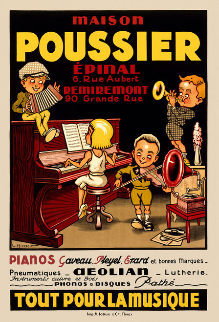 Maison Poussier Vintage Poster by L. Husson 1926 French Musical Instruments Advertisement – High Quality Giclee Reproduction Fine Art Print. Featuring playful children engaged in music, one playing the accordion, another at the piano, while others are seen with a trumpet and gramophone, set against a bold, colorful background with the store's name and details prominently displayed.