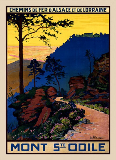 Mont S'te Odile Vintage Poster 1925 French Travel Advertisement – High Quality Giclee Reproduction Fine Art Print. Featuring a vibrant, stylized landscape with a winding path leading towards the distant Mont S'te Odile, surrounded by lush foliage and dramatic sunset skies, framed by bold typography at the bottom.