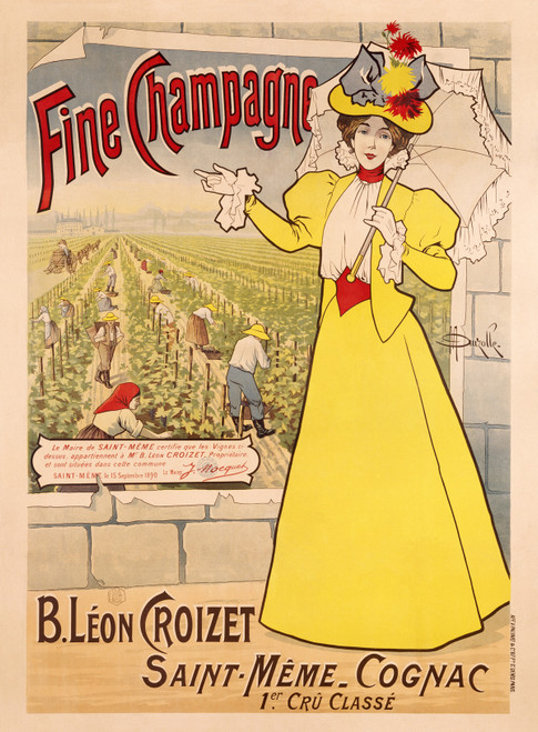 Fine Champagne Saint Meme Cognac Vintage Poster by Marcellin Auzolle 1898 French Liquor Advertisement – High Quality Giclee Reproduction Fine Art Print. Featuring a stylish woman in a yellow dress and matching hat, holding an umbrella while standing in front of a vineyard, with workers tending to the vines in the background under a bright sky.