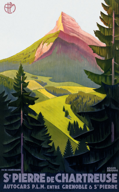 St Pierre de Chartreuse Vintage Poster by Roger Broders 1930 French Travel Advertisement – High Quality Giclee Reproduction Fine Art Print. Featuring a vibrant and detailed depiction of the Pic de Chamechaude mountain, with lush green valleys and towering pine trees under soft sunlight, set against a serene blue sky.