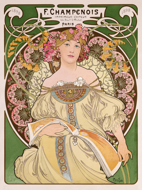 F. Champenois Vintage Poster by Alphonse Maria Mucha 1897 French Champagne Advertisement – High Quality Giclee Reproduction Fine Art Print. Featuring a graceful woman adorned with floral accents in her hair, holding a book with a backdrop of soft pastel hues and ornamental Art Nouveau details.