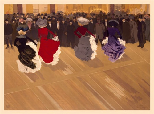 La Quadrill Vintage Poster by Truchet 1898 French Dance & Ball Event Advertisement – High Quality Giclee Reproduction Fine Art Print. Featuring elegantly dressed women in red, black, and purple gowns dancing on a polished ballroom floor, with a crowd of well dressed men watching in the background, set in a warm, golden lit ballroom atmosphere. Horizontal poster.