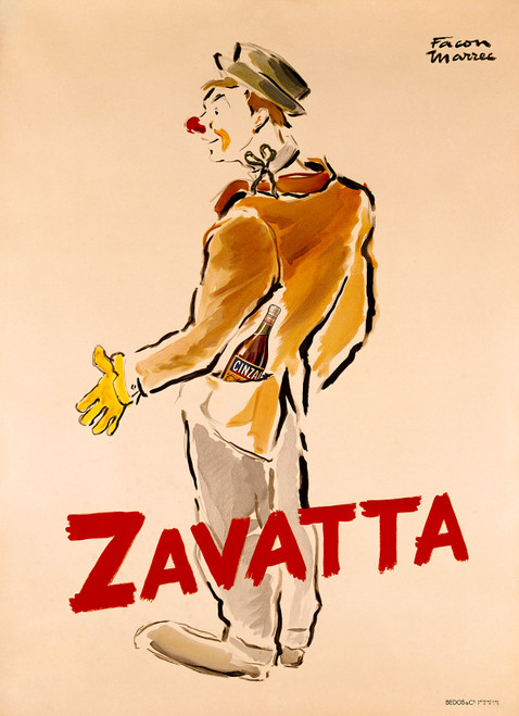 Zavatta Vintage Poster 1925 by Jean Facon-Marrec. French Wine & Spirits Advertisement – High Quality Giclee Reproduction Fine Art Print. Featuring a playful illustration of a Tunisian clown with a red nose and a Cinzano bottle tucked in his coat, set against a minimalist cream background with expressive brush strokes.