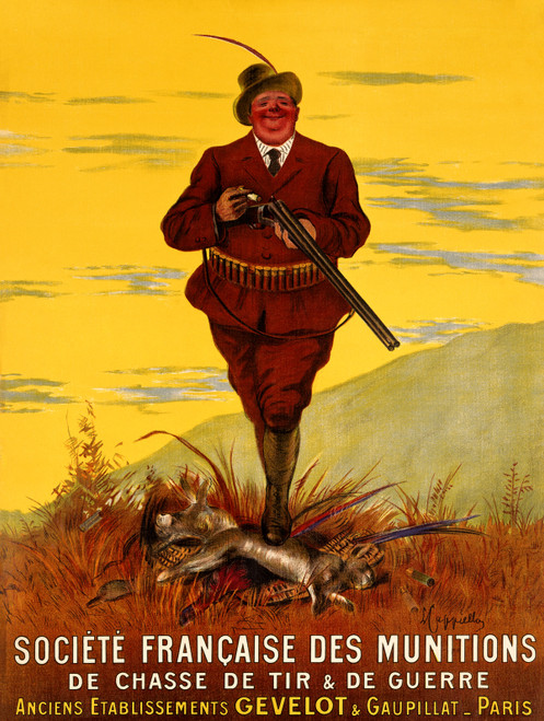 Societe Francaise Des Munitions Vintage Poster by Leonetto Cappiello 1912 French Ammunition & Hunting Equipment Advertisement – High Quality Giclee Reproduction Fine Art Print. Featuring a smiling hunter in red hunting attire holding a shotgun, with ammunition strapped to his waist, standing proudly over his game kill, against a bright yellow sky and rolling countryside background.