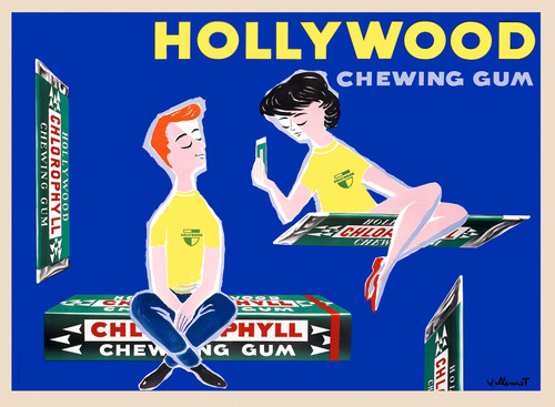Hollywood Chewing Gum Vintage Poster by Bernard Villemot 1956 French Bubble Gum & Candy Advertisement – High Quality Giclee Reproduction Fine Art Print. Featuring a playful illustration of a boy and girl sitting on oversized chewing gum packs against a bold blue background with floating gum wrappers. Horizontal poster.