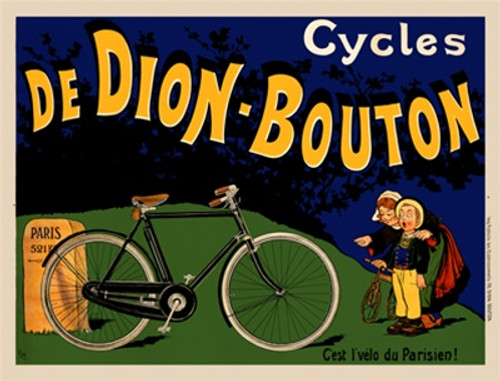 Cycles De Dion-Bouton Vintage Poster by Oge 1900 French Bicycle Advertisement – High Quality Giclee Reproduction Fine Art Print. Featuring a detailed black bicycle beside a milestone, with two curious children observing under a twilight sky with silhouetted trees in the background.