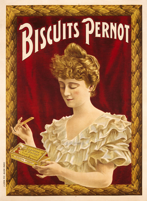 Biscuits Pernot Vintage Poster 1900 French Cookie & Biscuit Advertisement – High Quality Giclee Reproduction Fine Art Print. Featuring a refined woman in an elegant ruffled white gown delicately selecting a biscuit from a golden tin, framed by a rich red velvet backdrop and an ornate golden border.
