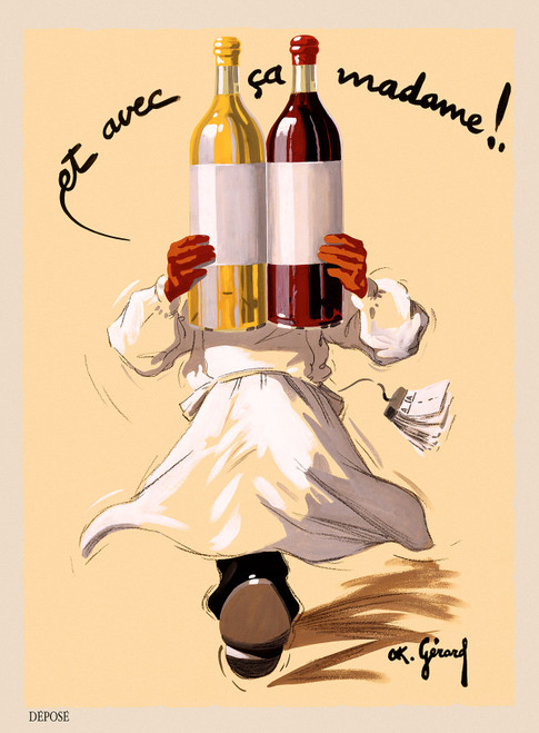 Et Avec La Madame! Vintage Poster by O.K. Gerard 1925 Belgium Wine & Spirits Advertisement – High Quality Giclee Reproduction Fine Art Print. Featuring a whimsical server in motion holding two oversized wine bottles in front of their face, with swirling motion lines and a pale orange background adding dynamic flair.