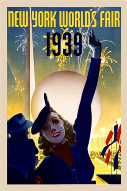 New York World’s Fair Vintage Poster by Staehle 1939 American Event & Exhibition Advertisement – High Quality Giclee Reproduction Fine Art Print. Featuring a smiling woman in a deep blue uniform pointing skyward as fireworks burst over the iconic Trylon and Perisphere, all set against a glowing night sky and modernist fairgrounds.